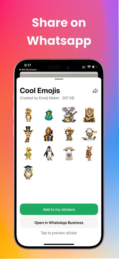 AI Emoji Maker - Playground - A collection of custom animal emojis in the AI Emoji Maker app ready to be added to WhatsApp