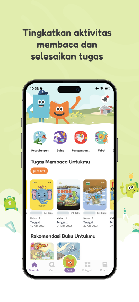 BukuAku - The BukuAku app home screen displaying personalized reading tasks and book recommendations for kids.