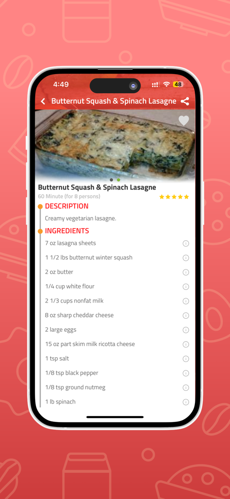 Easy Recipes for you - Écran des ingrédients et de la description de la recette de lasagne au potimarron et aux épinards