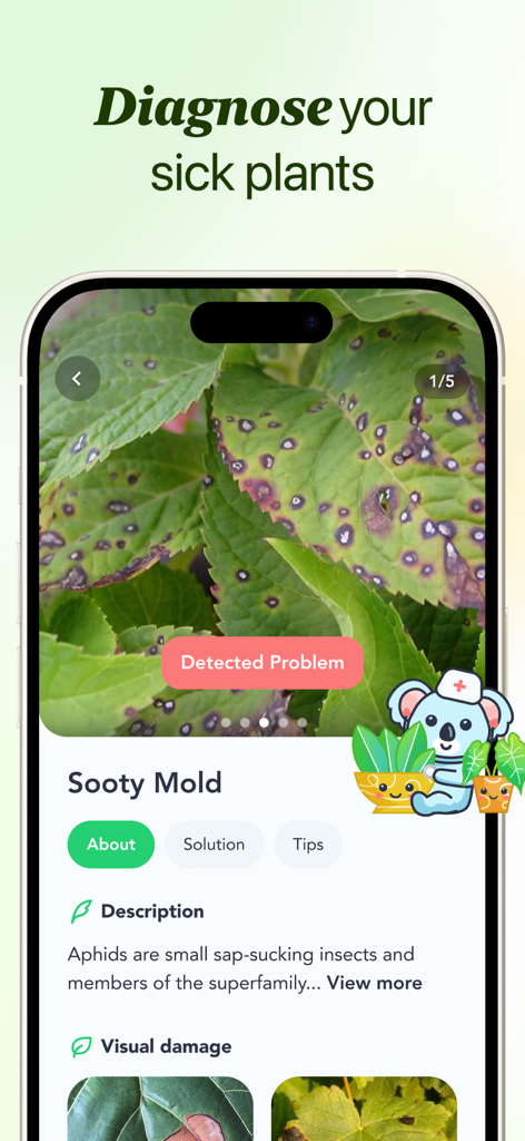 Flora - Plant ID & Diagnosis - A smartphone interface showing the Flora app diagnosing a plant with sooty mold including solutions and tips.