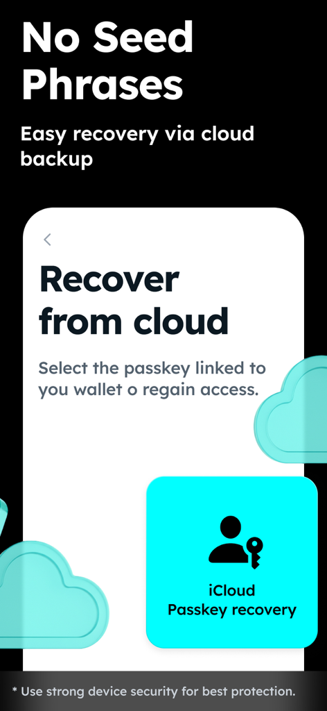 Zeal: Digital Wallet & Card - Interfaccia dell'app del portafoglio digitale Zeal che mostra il facile recupero dell'account tramite passkey iCloud e backup cloud senza frasi di recupero