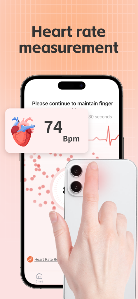 Heart Rate Monitor-Tracker - Una interfaz de aplicación móvil que muestra una medición de ritmo cardíaco de 74 lpm