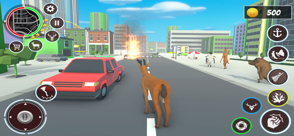 Wild Deer Hunt Gangster Animal - Gameplay screenshot showing a deer with guns in a city street with an explosion and various animals.