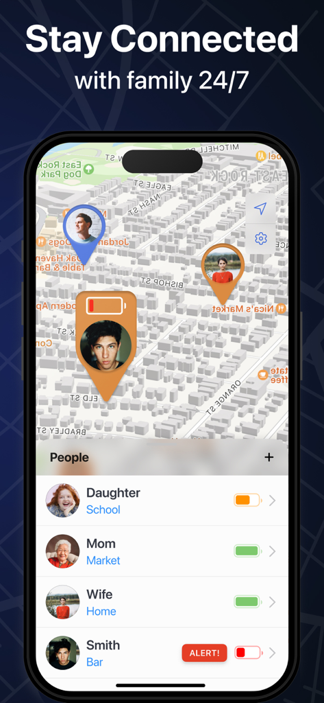Find my Phone – Family Locator - Real time GPS tracking interface showing family members locations and battery status on a city map