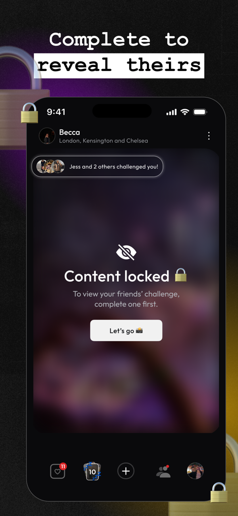 Hyper Challenges - Interface de l'application Hyper Challenges montrant un écran de contenu verrouillé où les utilisateurs doivent accomplir un défi pour révéler les publications de leurs amis