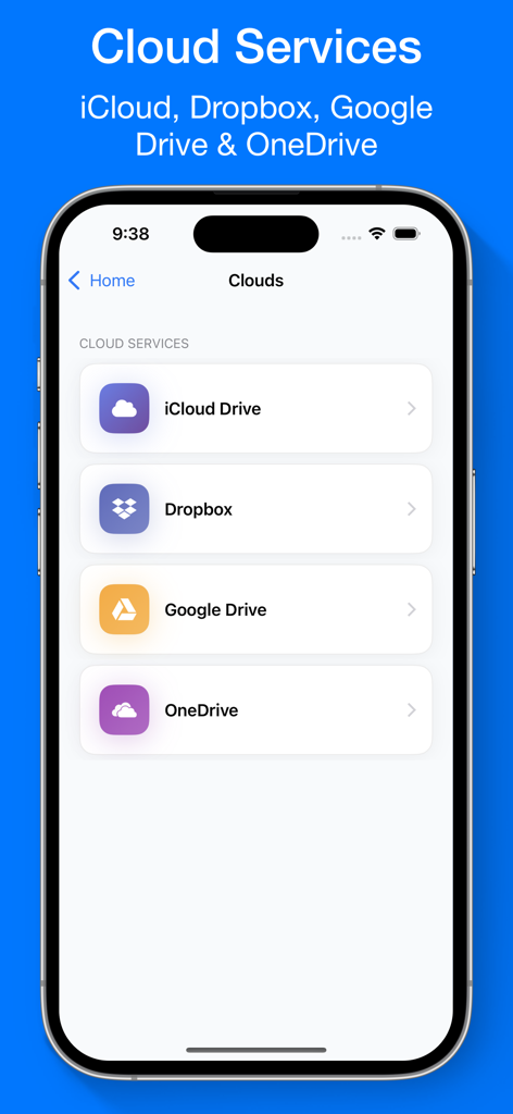Interface showing integration with iCloud Drive Dropbox Google Drive and OneDrive in the Cloud Video Player app