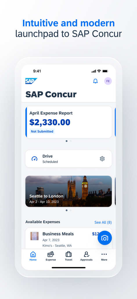 SAP Concur mobile app home screen showing expense reports and business travel details