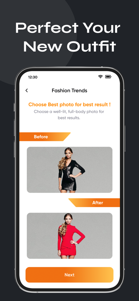 Style AI -Face shape detector - Pantalla de la aplicación Style AI que demuestra una función de prueba virtual de atuendos con comparaciones de antes y después de una mujer con diferentes vestidos.