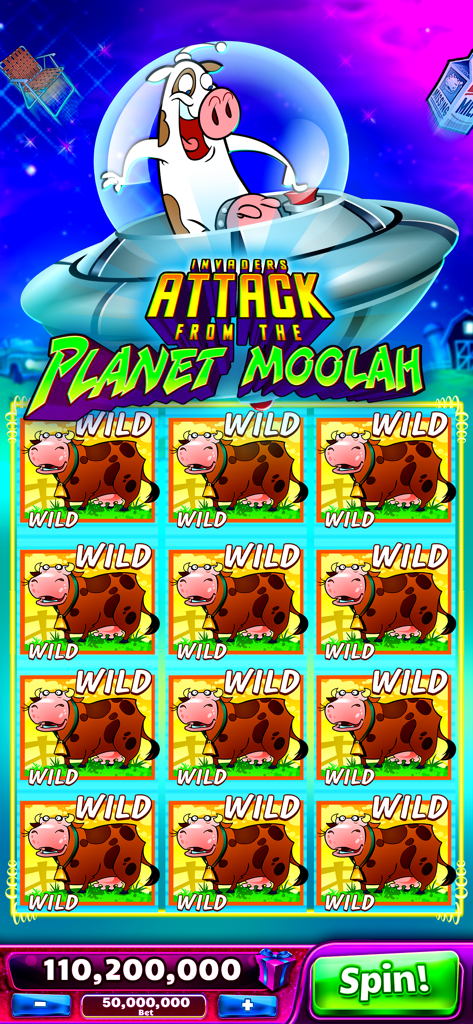 Jackpot Party - Casino Slots - Jackpot Party Casino tragamonedas con Invaders Attack From The Planet Moolah con símbolos de comodín de vaca y una vaca caricaturesca en un OVNI