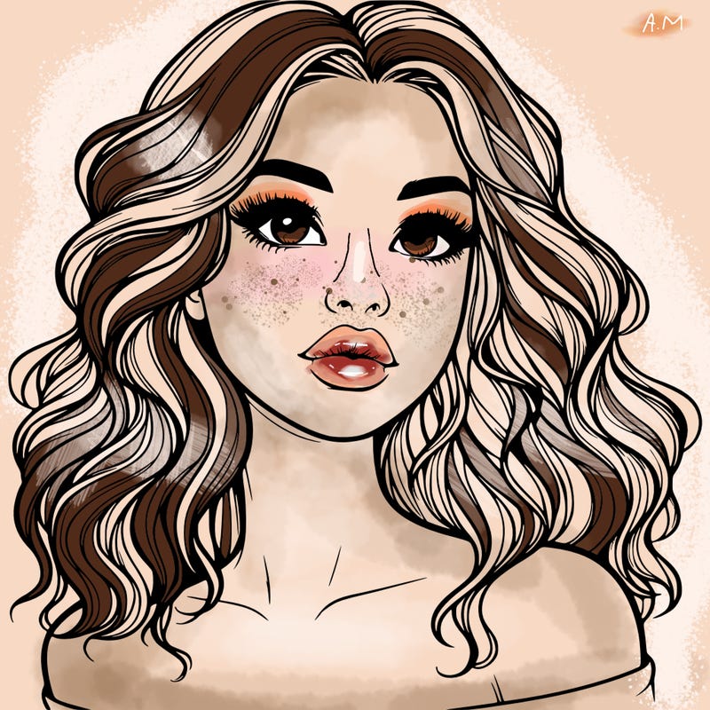 realistic girl with wavy hair and lips