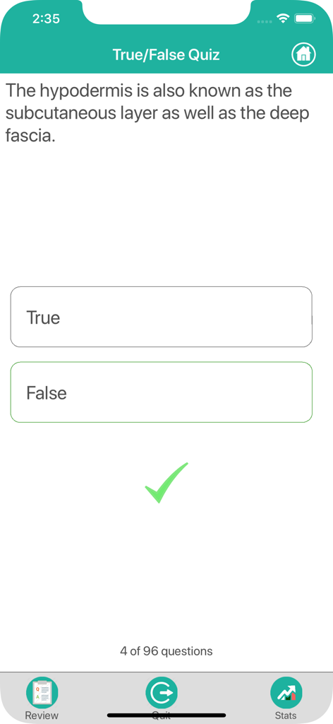 Anatomy : Integumentary System - 皮下組織に関する質問を表示する外皮系解剖学アプリの正誤クイズ画面