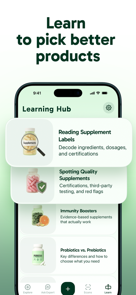 InSup app Learning Hub screen displaying educational articles on how to read supplement labels and identify quality products