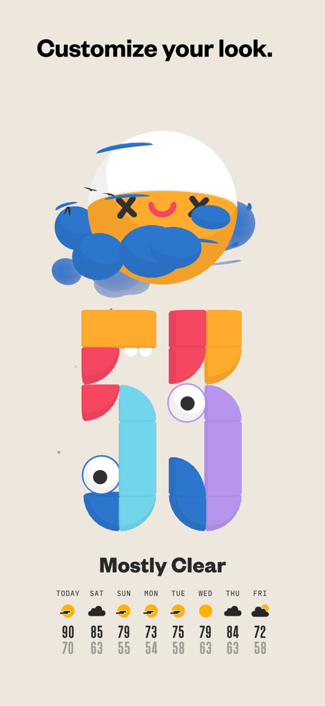 A colorful and stylized weather forecast interface for Not Boring Weather featuring abstract character skins and a 3D sun icon.