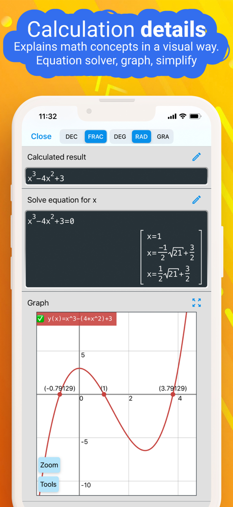 NCalc app screen showing cubic equation solutions and its function graph