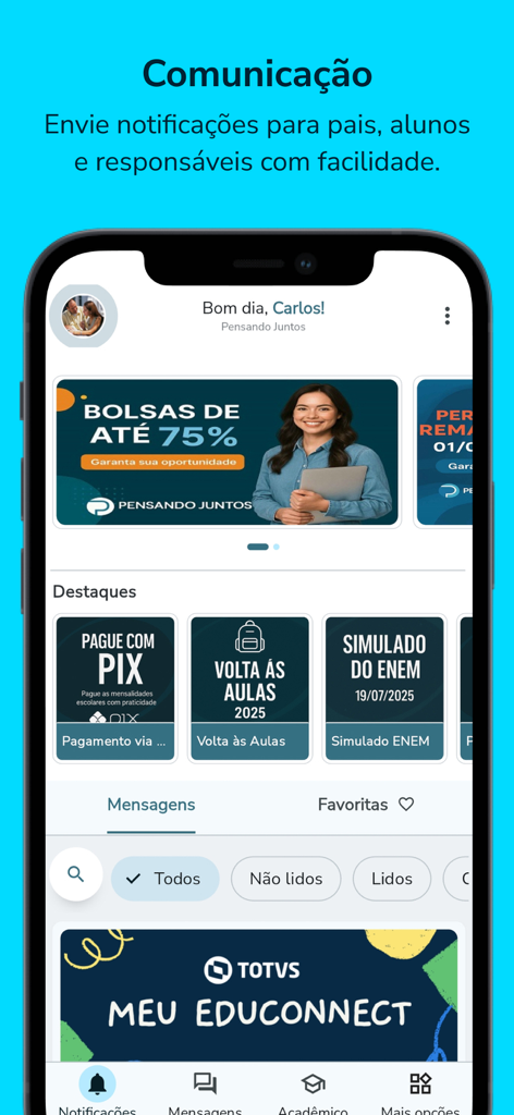 Meu eduCONNECT - Interface of the Meu eduCONNECT educational app showing the home dashboard with notifications and highlights