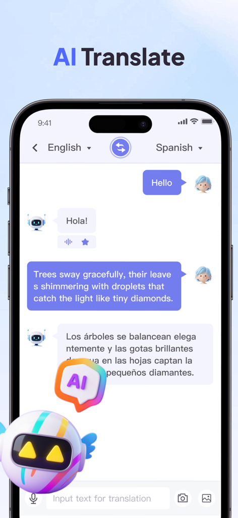 Hi Translate AI - Hi Translate AI app screen showing a chat-style translation between English and Spanish with a robot assistant.
