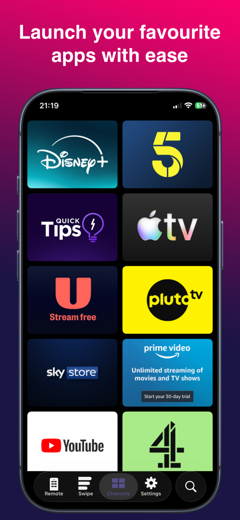 Widget Remote for Roku - Pantalla de canales de la aplicación Widget Remote para Roku que muestra atajos de servicios de streaming
