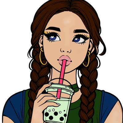 realistic girl with braided hair drinking boba