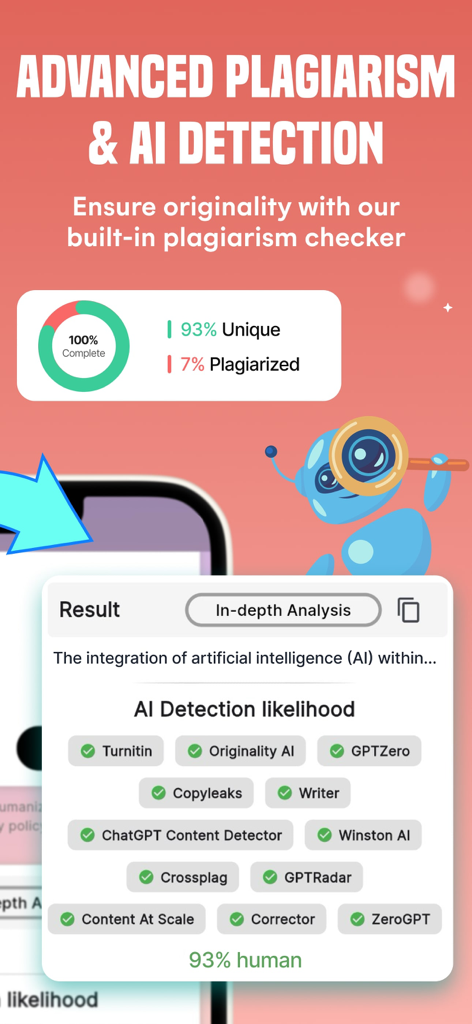 Bypass Al Detector & Humanizer - Captura de pantalla de la aplicación Rephrasy que muestra una puntuación humana del 93 por ciento y detectores de IA aprobados como Turnitin y GPTZero