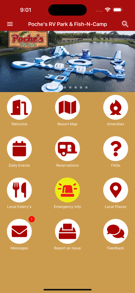 Poches RV Park - Home screen of Poches RV Park app featuring menu icons for resort map amenities and daily events