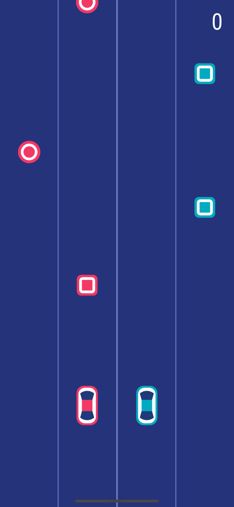 Jugabilidad del juego móvil Two Cars que muestra un coche rojo y uno azul navegando por carriles para esquivar cuadrados y recoger círculos.