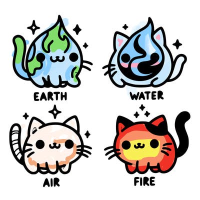 4 cats that represent the different elements, earth, water, air, and fire