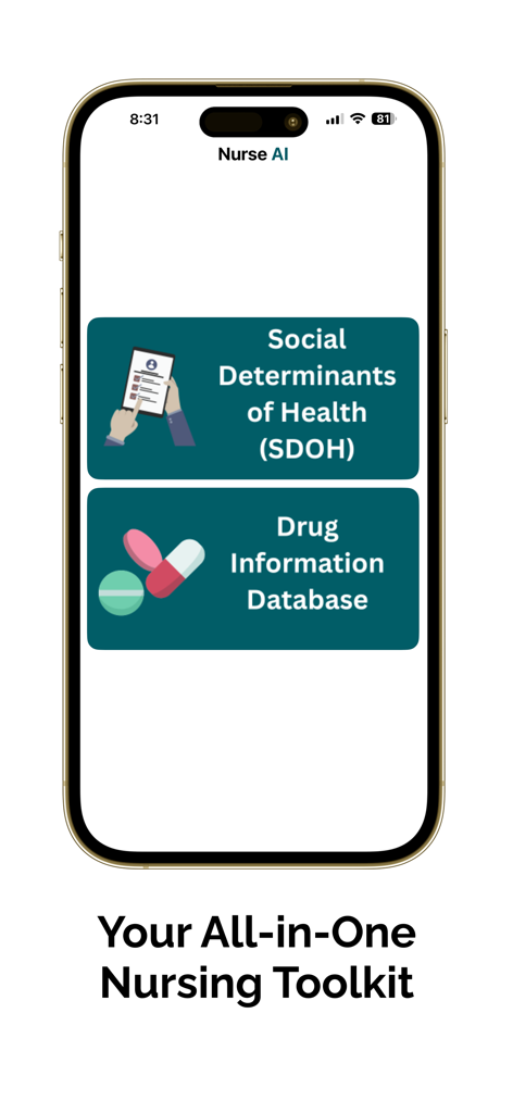 Nurse AI mobile app interface featuring tools for social determinants of health and drug information