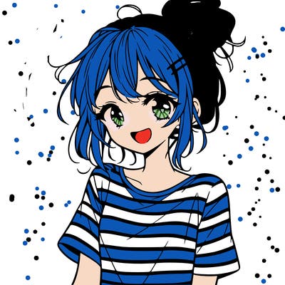 anime girl teenager striped shirt and smile and messy bun