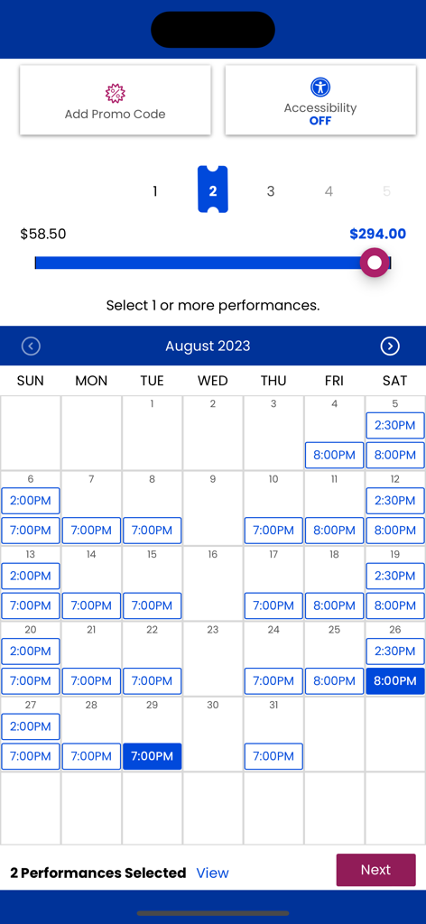 Interface showing a calendar for selecting Broadway show performance dates and times with a price range slider