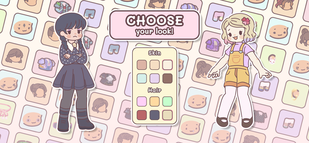 Pocket Love! - Uma tela de criação de personagem em Pocket Love mostrando opções de cor de pele e cabelo para dois avatares fofos.