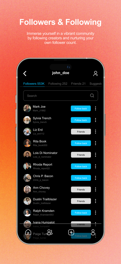 MizMiz - Ein Bildschirm einer mobilen App, der eine Liste von Followern und Freunden mit Optionen zum Zurückfolgen anzeigt.