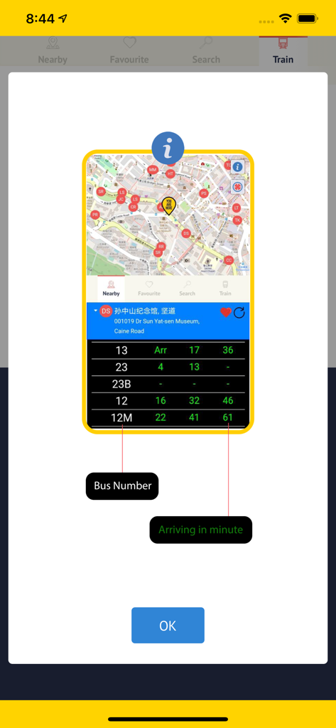 HK BUS - 香港巴士 - A tutorial screen showing bus route numbers and their estimated arrival times in minutes