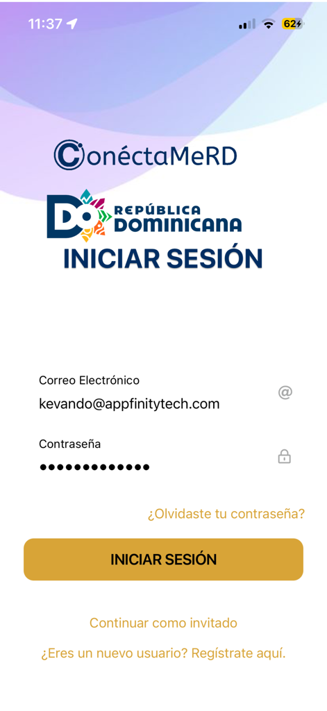 ConnectMeRD - ConnectMeRD app login screen showing email and password fields with Dominican Republic branding