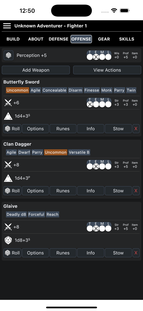 Pathbuilder 2e - Aba de ataque da ficha de personagem do Pathbuilder 2e mostrando estatísticas de armas e rolagens de ataque