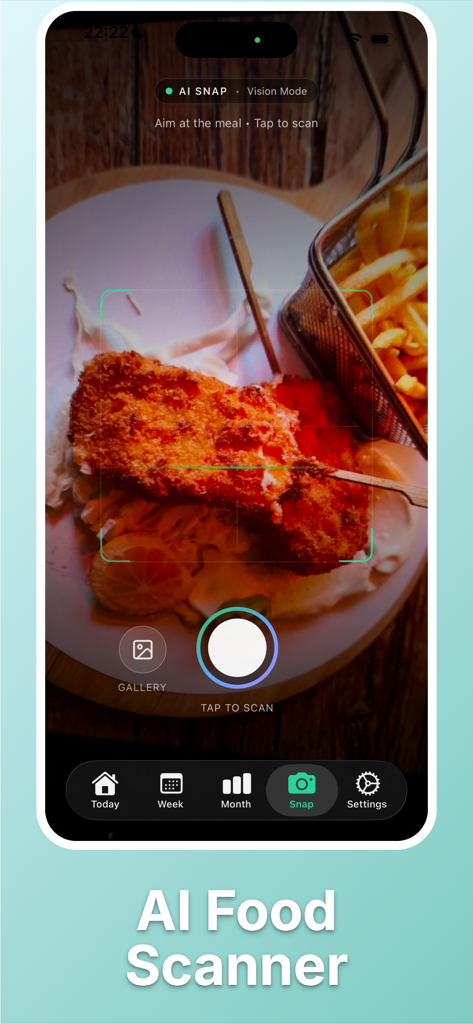 foodie - ai cal food tracker - The CalAI app scanning a meal of fish and chips to track calories and macros using AI vision
