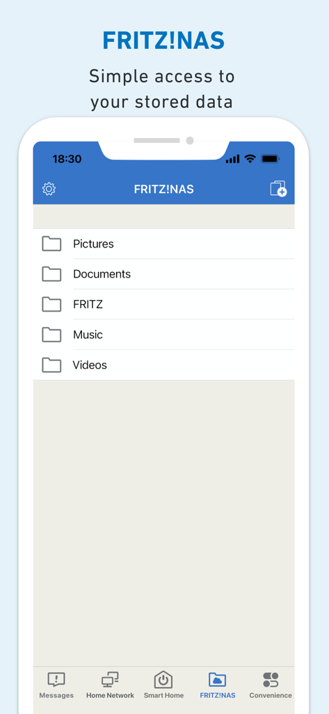 MyFRITZ!App - Pantalla de MyFRITZ!App que muestra el acceso remoto a carpetas de imágenes, documentos, música y vídeos en FRITZ!NAS