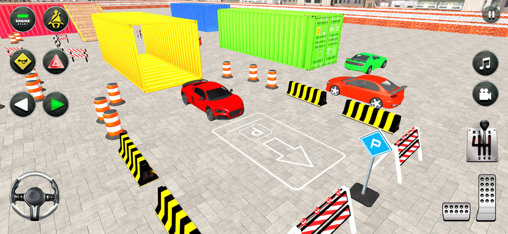 Car Parking Lot: Parking Games - A red sports car navigating a parking challenge with barriers and cones in a 3D simulation.