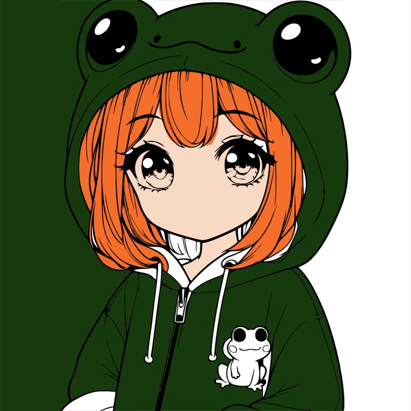 cute realistic girl in a froggy hoodie