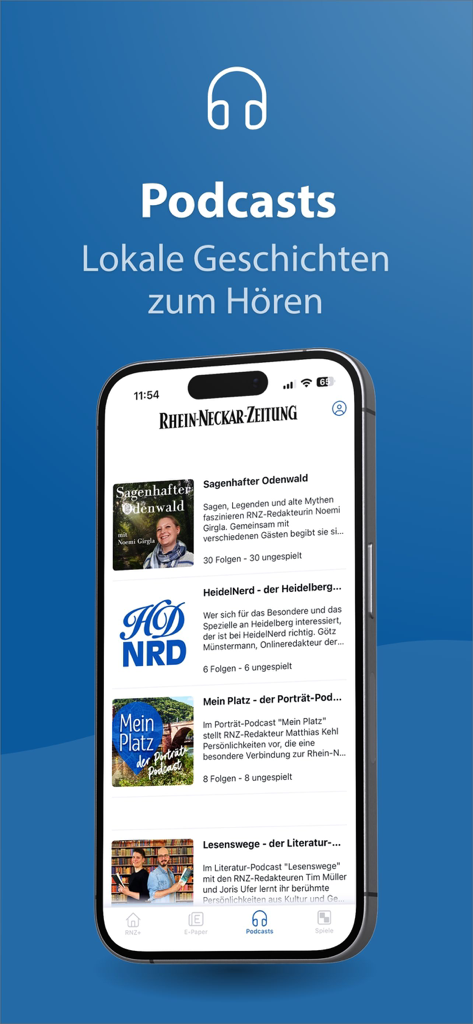 RNZ - Nachrichten - Un smartphone mostrando la sección de podcasts de la aplicación de noticias RNZ con podcasts alemanes locales como Sagenhafter Odenwald y HeidelNerd.