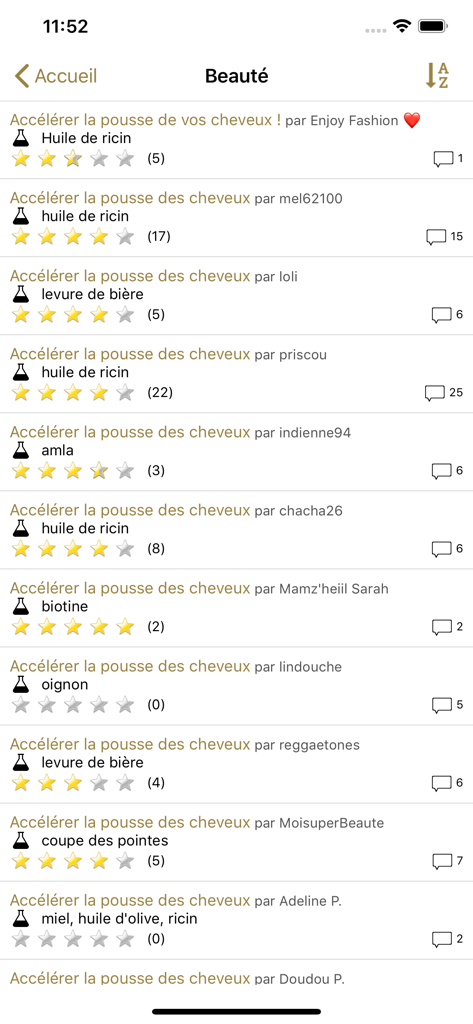 List of natural hair growth tips with user ratings and comments featuring ingredients like castor oil and biotin