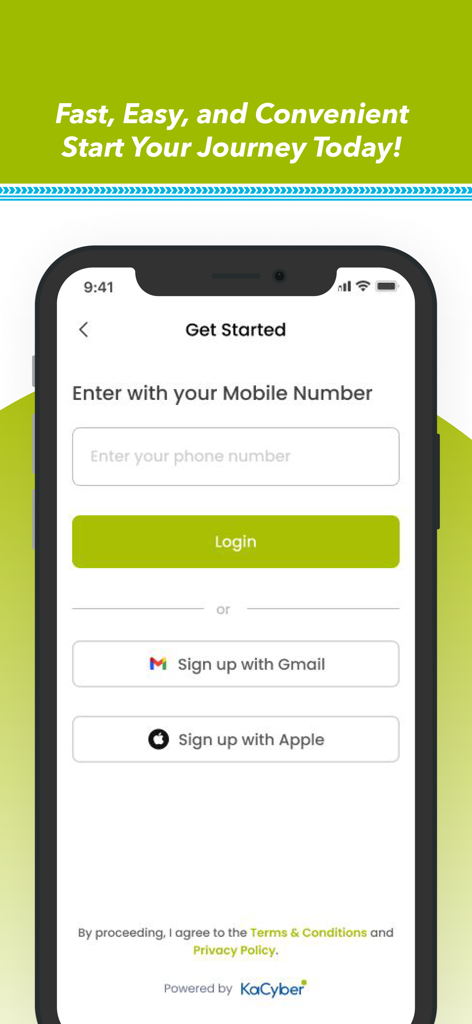 Union: Request a Ride - Pantalla de inicio de sesión de la aplicación Union Request a Ride que muestra la entrada del número de móvil y opciones de inicio de sesión social para Gmail y Apple