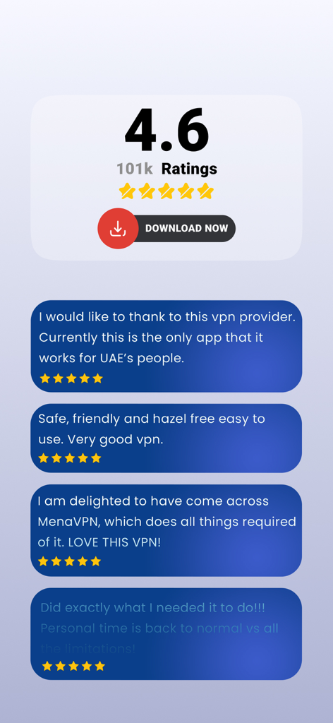 Mena VPN: UAE, KSA, Oman - Captura de pantalla de la tienda de aplicaciones de Mena VPN mostrando una calificación de 4.6 estrellas y reseñas positivas de clientes