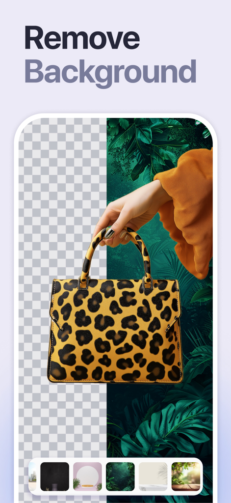 Un bolso con estampado de leopardo al que se le está eliminando el fondo y reemplazando con la aplicación Retouch AI