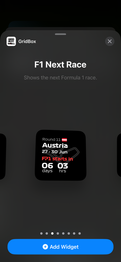 GridBox: F1 Widgets - 파란색 추가 위젯 버튼과 함께 오스트리아 그랑프리 F1 카운트다운 위젯을 보여주는 휴대폰 인터페이스