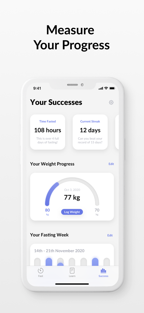 Feather - Intermittent Fasting - Un smartphone que muestra el panel de éxito de la aplicación Feather de ayuno intermitente con rachas de ayuno y gráficos de progreso de peso