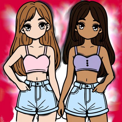 two sisters with crop tops and jean shorts and straight hair