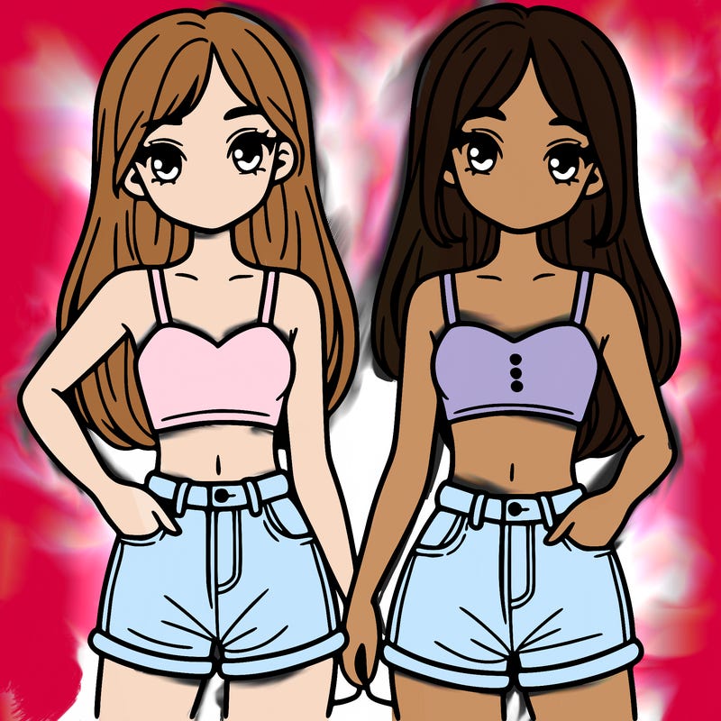 two sisters with crop tops and jean shorts and straight hair
