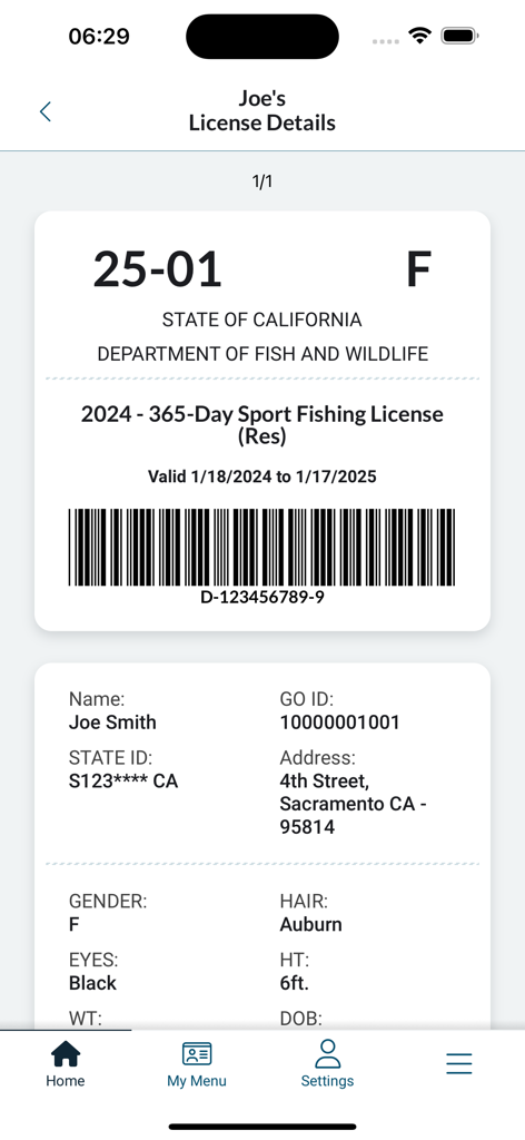 Digital display of a California sport fishing license with owner information and barcode