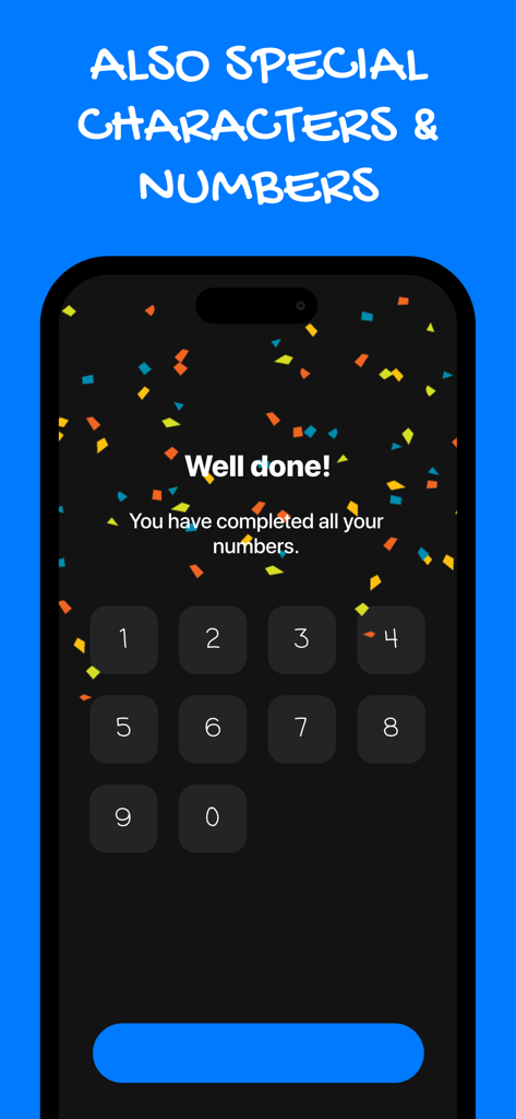 App interface displaying custom handwritten numbers from zero to nine with celebratory confetti.