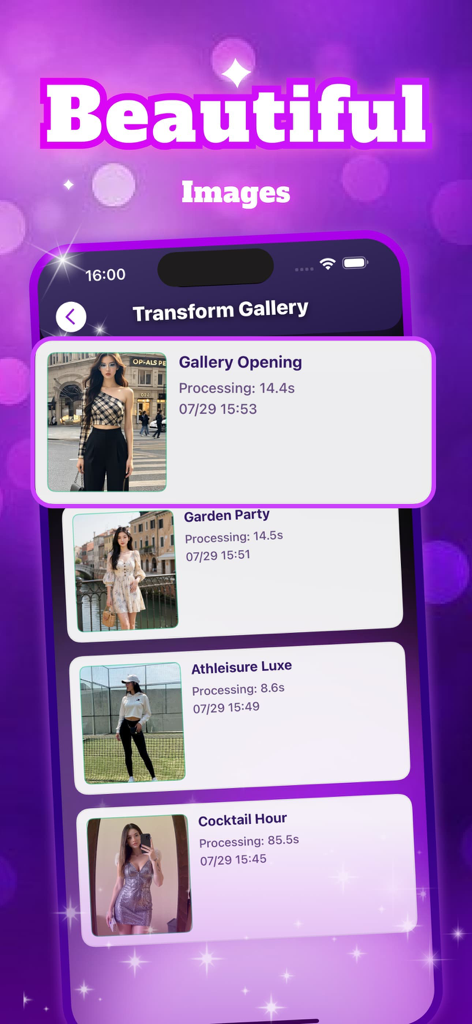 Screenshot of Hunee app Transform Gallery showing a list of AI fashion results with themes like Garden Party and Athleisure Luxe